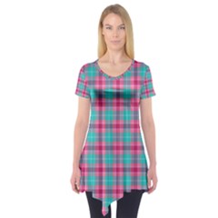 Blue Pink Plaid Short Sleeve Tunic  by snowwhitegirl