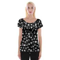 White On Black Abstract Symbols Cap Sleeve Tops by FunnyCow
