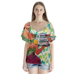 Retro Cokk V-neck Flutter Sleeve Top by vintage2030