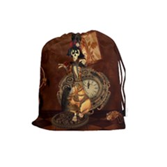 Funny Steampunk Skeleton, Clocks And Gears Drawstring Pouch (large) by FantasyWorld7
