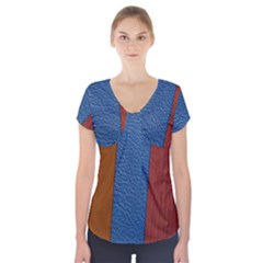 Leather Background Structure Orange Short Sleeve Front Detail Top by Sapixe