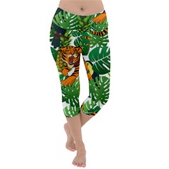 Tropical Pelican Tiger Jungle Lightweight Velour Capri Yoga Leggings by snowwhitegirl