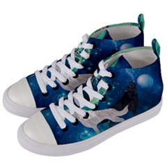 Awesome Black And White Wolf In The Universe Women s Mid-top Canvas Sneakers by FantasyWorld7