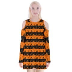 Dark Pumpkin Orange And Black Halloween Nightmare Stripes  Velvet Long Sleeve Shoulder Cutout Dress by PodArtist