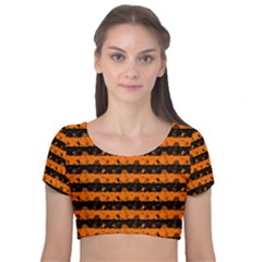 Dark Pumpkin Orange And Black Halloween Nightmare Stripes  Velvet Short Sleeve Crop Top  by PodArtist