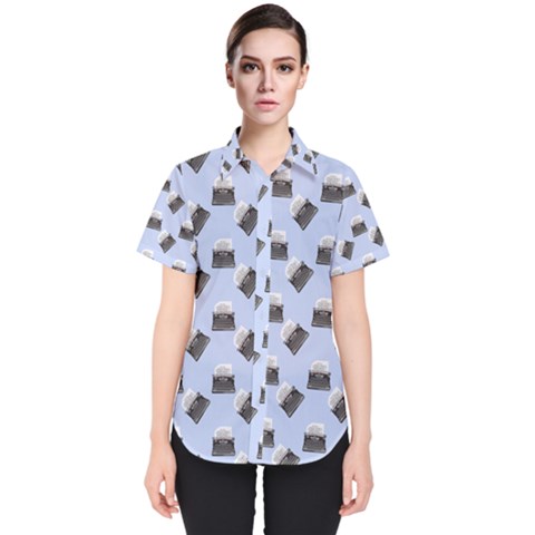 Retro Typewriter Blue Pattern Women s Short Sleeve Shirt by snowwhitegirl