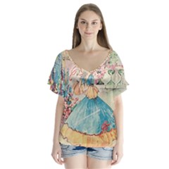 Vintage 1203862 1280 V-neck Flutter Sleeve Top by vintage2030