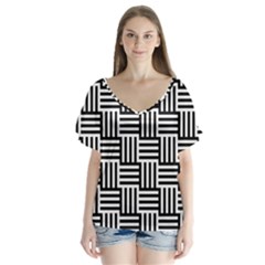Basket Black Lines Stripes White V-neck Flutter Sleeve Top by Sapixe