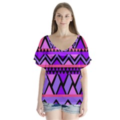 Seamless Purple Pink Pattern V-neck Flutter Sleeve Top by Sapixe