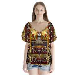 Lady Panda In The Apple Cave With Moon And Meteroits V-neck Flutter Sleeve Top by pepitasart