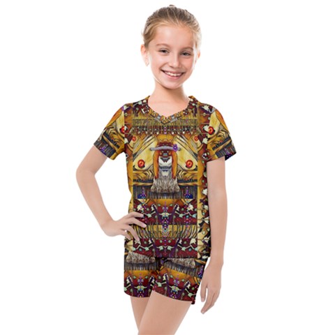 Lady Panda In The Apple Cave With Moon And Meteroits Kids  Mesh Tee And Shorts Set by pepitasart