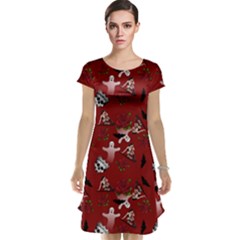 Gothic Woman Rose Bats Pattern Red Cap Sleeve Nightdress by snowwhitegirl
