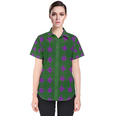 Mod Green Purple Circles Pattern Women s Short Sleeve Shirt by BrightVibesDesign