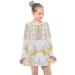 Ivory Marble  In Gold By Flipstylez Designs Kids  Long Sleeve Dress by flipstylezfashionsLLC