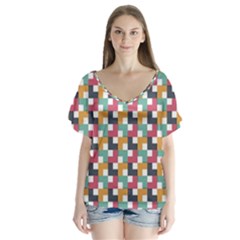Background Abstract Geometric V-neck Flutter Sleeve Top by Simbadda