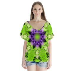 Abstract Background Art  Pattern V-neck Flutter Sleeve Top by Celenk