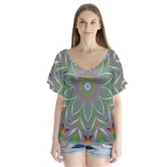 Abstract Art Colorful Texture V-neck Flutter Sleeve Top by Simbadda