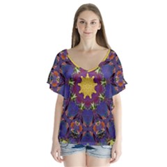 Abstract Art Artistic Texture Blue V-neck Flutter Sleeve Top by Simbadda