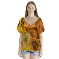 Yellow Zinnias V-neck Flutter Sleeve Top by bloomingvinedesign