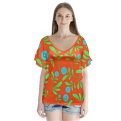 Background Texture Seamless Flowers V-neck Flutter Sleeve Top by Sapixe