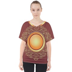 Badge Gilding Sun Red Oriental V-neck Dolman Drape Top by Sapixe