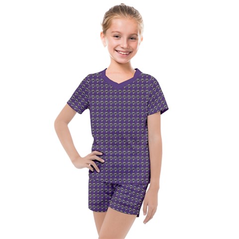 Luv Machine Robot Houndstooth Pattern Purple Kids  Mesh Tee And Shorts Set by emilyzragz