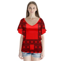 Red Sierpinski Carpet Plane Fractal V-neck Flutter Sleeve Top by Sapixe