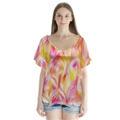 Pretty Painted Pattern Pastel V-neck Flutter Sleeve Top by Sapixe