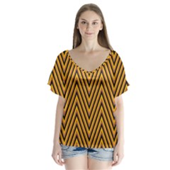 Chevron Brown Retro Vintage V-neck Flutter Sleeve Top by Sapixe