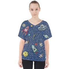 Cat Cosmos Cosmonaut Rocket V-neck Dolman Drape Top by Sapixe