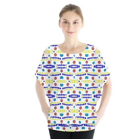 Retro Blue Yellow Brown Teal Dot Pattern Batwing Chiffon Blouse by BrightVibesDesign