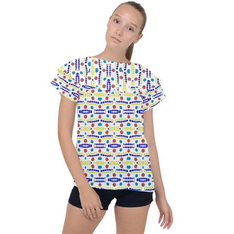 Retro Blue Yellow Brown Teal Dot Pattern Ruffle Collar Chiffon Blouse by BrightVibesDesign