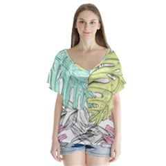 Leaves Tropical Nature Plant V-neck Flutter Sleeve Top by Sapixe
