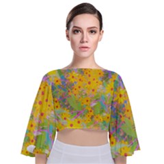 Pretty Yellow And Red Flowers With Turquoise Tie Back Butterfly Sleeve Chiffon Top by myrubiogarden
