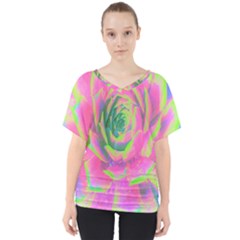 Lime Green And Pink Succulent Sedum Rosette V-neck Dolman Drape Top by myrubiogarden