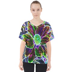 Abstract Garden Peony In Black And Blue V-neck Dolman Drape Top by myrubiogarden