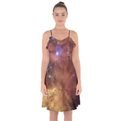 Cosmic Astronomy Sky With Stars Orange Brown And Yellow Ruffle Detail Chiffon Dress by genx