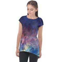 Lagoon Nebula Interstellar Cloud Pastel Pink, Turquoise And Yellow Stars Cap Sleeve High Low Top by genx