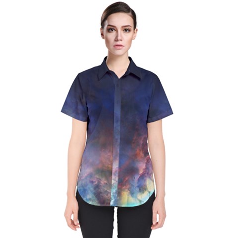 Lagoon Nebula Interstellar Cloud Pastel Pink, Turquoise And Yellow Stars Women s Short Sleeve Shirt by genx