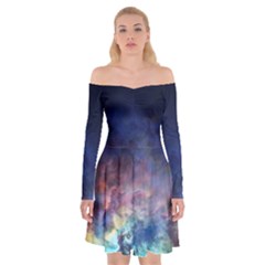 Lagoon Nebula Interstellar Cloud Pastel Pink, Turquoise And Yellow Stars Off Shoulder Skater Dress by genx