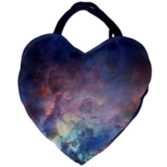 Lagoon Nebula Interstellar Cloud Pastel Pink, Turquoise And Yellow Stars Giant Heart Shaped Tote by genx