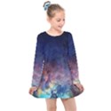 Lagoon Nebula Interstellar Cloud Pastel pink, turquoise and yellow stars Kids  Long Sleeve Dress View1