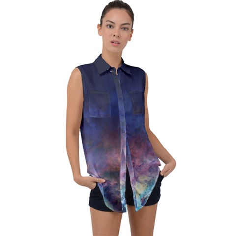 Lagoon Nebula Interstellar Cloud Pastel Pink, Turquoise And Yellow Stars Sleeveless Chiffon Button Shirt by genx