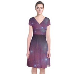 Christmas Tree Cluster Red Stars Nebula Constellation Astronomy Short Sleeve Front Wrap Dress by genx