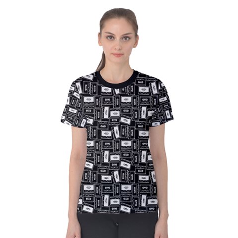 Tape Cassette 80s Retro Genx Pattern Black And White Women s Cotton Tee by genx