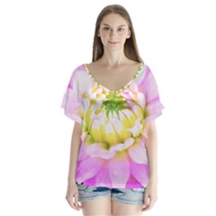 Pretty Pink, White And Yellow Cactus Dahlia Macro V-neck Flutter Sleeve Top by myrubiogarden