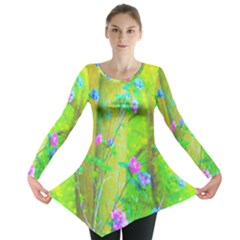 Hot Pink Abstract Rose Of Sharon On Bright Yellow Long Sleeve Tunic  by myrubiogarden