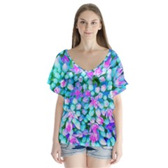Blue And Hot Pink Succulent Sedum Flowers Detail V-neck Flutter Sleeve Top by myrubiogarden