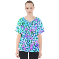 Blue And Hot Pink Succulent Sedum Flowers Detail V-neck Dolman Drape Top by myrubiogarden