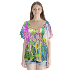 Abstract Oriental Lilies In My Rubio Garden V-neck Flutter Sleeve Top by myrubiogarden